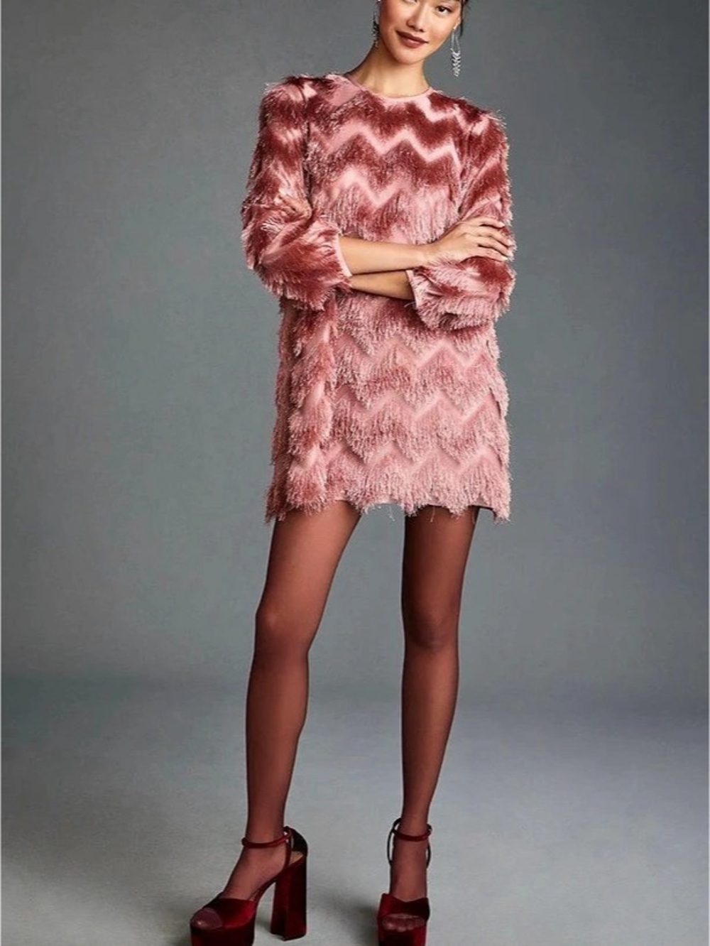 Hutch Fringed Chevron Dress Mini in Pink XL